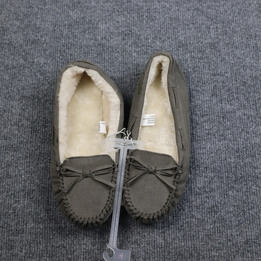 Cat & Jack Slippers Shoes Girls Size 4‎ Gray Moccasin Faux Fur Lined Bow CADI